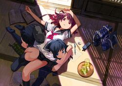  ascot bag black_hair blue_eyes book brown_hair cat eraser fujita_(condor) glass kneehighs looking_at_viewer lying lying_on_person multiple_girls on_back on_stomach open_book original paper pencil red_eyes red_hair redhead school_uniform skirt sunlight tatami tray 