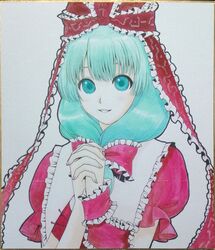  acrylic_paint_(medium) aqua_eyes aqua_hair arm_ribbon bow frills front_ponytail hair_bow hair_ornament hair_ribbon hands_clasped hands_together interlocked_fingers kageharu kagiyama_hina long_hair open_mouth photo ribbon shikishi short_sleeves smile solo touhou traditional_media 