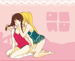  bare_shoulders barefoot black_panties blonde_hair braid brown_hair camisole covering_eyes eringi_oishii gray_bra holding_hair kneeling long_hair madotsuki multiple_girls panties pink poniko ponytail sitting twin_braids underwear underwear_only wariza window yume_nikki yuri 