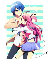  anger_vein blue_eyes blue_hair demon_tail fighting hinata_(angel_beats!) hug long_hair pink_eyes pink_hair school_uniform serafuku short_hair soranagi tail yui_(angel_beats!) 