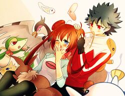  1girl black_hair black_legwear blue_eyes blush brown_hair couple double_bun eevee fingerless_gloves gloves hairdressing hue_(pokemon) jacket joltik long_hair luvdisc mei_(pokemon) no_headwear oshawott pantyhose pokemon pokemon_(game) pokemon_bw2 raglan_sleeves red_eyes ribbon sekimo snivy spiked_hair spiky_hair tranquill trapinch tynamo yawning 
