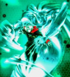  battle clenched_teeth eternal_arcadia graphite_(medium) grey_eyes male mixed_media motion_blur ramirez scarf serious silver_eyes silver_hair spoilers traditional_media uniform 