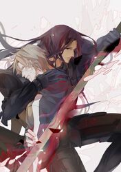  armor berserker_(fate/zero) fate/zero fate_(series) hoodie long_hair male matou_kariya multiple_boys purple_hair subdue_ezwei sword weapon white_hair 