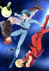 amuro_ray blonde_hair blue_eyes blue_hair brown_eyes brown_hair floating gundam haro kamille_bidan male military military_uniform multiple_boys quattro_bajeena r_(corolla) space sunglasses uniform upside-down zero_gravity zeta_gundam 