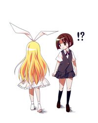  2girls :> amae_koromo blonde_hair brown_eyes brown_hair from_behind kakura_kurumi long_hair multiple_girls nobu0 saki school_uniform short_hair simple_background walking 