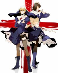  back_cutout blonde_hair boots brown_eyes brown_hair cross crossdressing fate/stay_night fate_(series) garter_straps gilgamesh habit kotomine_kirei male multiple_boys nun pinki_(shounenkakuseiya) red_eyes thigh-highs thighhighs 