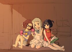  anjou_naruko ano_hi_mita_hana_no_namae_wo_bokutachi_wa_mada_shiranai barefoot black_hair blue_eyes book brown_hair child dress ehee game_boy glasses honma_meiko multiple_girls playing ribbon rough shorts sitting smile troubled tsurumi_chiriko white_hair 