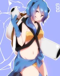  :d :q animal_ears bandeau blastoise blue_gloves blue_hair blue_legwear gloves highres navel open_mouth personification pokemon purple_eyes sarashi sarong short_hair smile solo takeshima_(nia) thigh-highs thighhighs tongue violet_eyes 