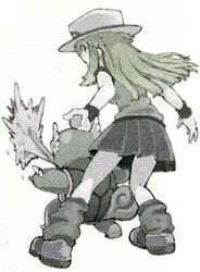  blue_(pokemon) fighting_stance hat holding holding_poke_ball long_hair nanashinomi poke_ball pokemon pokemon_(game) pokemon_frlg porkpie_hat simple_background skirt wartortle water 