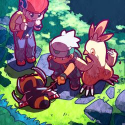  backpack bag beret black_hair combusken curious fingerless_gloves forest gloves grass hat katou_tom kouki_(pokemon) male multiple_boys nature ninjask pokemon pokemon_(game) pokemon_dppt pokemon_rse sweatdrop yuuki_(pokemon) 