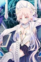  ahoge aqua_eyes blonde_hair boots breasts cross-laced_footwear crossed_legs detached_collar glasses hat jacket lace-up_boots legs_crossed long_hair lowres open_mouth pleated_skirt reum sitting skirt sword_girls very_long_hair 