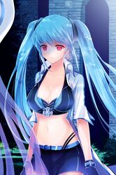  belt blue_hair breasts collarbone cross gloves hair_ribbon hat jacket long_hair lowres luthica_preventer midriff navel night purple_hair red_eyes reum ribbon sword_girls twintails very_long_hair walking 