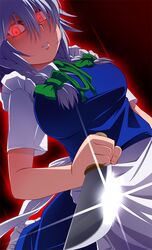  apron bow braid glowing glowing_eyes hair_bow hayashi_kasutamu izayoi_sakuya knife red_eyes shining short_hair short_sleeves silver_hair solo touhou twin_braids weapon 