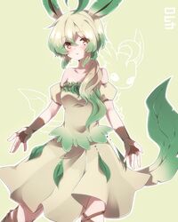  ahoge animal_ears bare_shoulders blonde_hair brown_eyes dress fingerless_gloves gloves gradient_hair green_hair highres leaf leafeon multicolored_hair personification pokemon solo tail takeshima_(nia) 