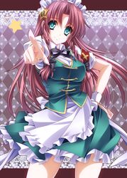  alternate_costume apron argyle argyle_background blue_eyes braid brown_hair enmaided hand_on_hip hat highres hips hong_meiling long_hair maid maid_headdress moneti_(daifuku) outstretched_arm red_hair redhead solo star touhou twin_braids waist_apron 