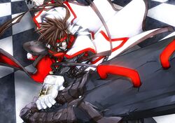  brown_hair fang gloves guilty_gear long_hair sol_badguy weapon yellow_eyes 