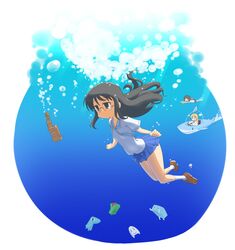 >_< android black_eyes black_hair bubble buddha carving child glasses hakase_(nichijou) highres long_hair minakami_mai multiple_girls necktie nichijou no_nose professor_shinonome school_uniform serafuku shark shinonome_nano shoes short_hair short_sleeves skirt socks submarine thighs tomboo underwater winding_key 