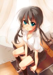  amupaka blue_eyes breasts brown_hair cleavage curtains desk highres long_hair looking_at_viewer original pleated_skirt school_uniform sitting skirt solo twintails 