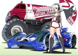  1girl blush boots bridal_gauntlets gustav_(telomere_na) headset highres looking_at_viewer looking_back midriff monster_truck original racecar racequeen red_eyes silver_hair solo umbrella 