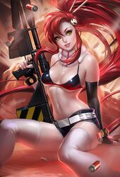  bikini_top breasts fingerless_gloves gloves gun hair_ornament lips long_hair ponytail redhead sakimichan scarf short_shorts shorts tengen_toppa_gurren_lagann thigh-highs weapon yellow_eyes yoko_littner 