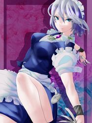  bad_id blue_eyes braid izayoi_sakuya knife maid_headdress ribbon short_hair silver_hair solo somsom stopwatch touhou twin_braids watch wrist_cuffs 