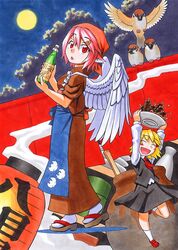  alternate_costume alternate_wings arms_up bird blonde_hair bottle calligraphy_brush_(medium) eurasian_tree_sparrow food full_moon hair_ornament hairclip head_scarf japanese_clothes kawachi_koorogi kawauchi_kirigirisu lantern moon multiple_girls mystia_lorelei okamisty paper_lantern pink_hair plate rumia short_hair skewer sparrow tasuki touhou traditional_media white_wings wings 