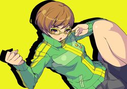 akaga_hirotaka brown_hair clenched_hand glasses jacket open_mouth orange_eyes persona persona_4 satonaka_chie school_uniform shadow short_hair simple_background solo track_jacket 