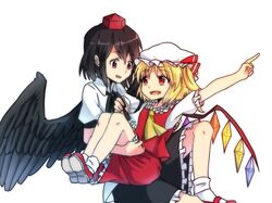  ascot black_hair blonde_hair carrying crystal fang flandre_scarlet hat hat_ribbon misocha multiple_girls open_mouth princess_carry red_eyes ribbon shameimaru_aya shoes short_hair short_sleeves side_ponytail sitting skirt smile socks tokin_hat touhou white_legwear wings 