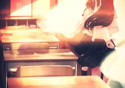 2girls classroom knife long_hair niketora original seifuku shiny_hair weapon yuri 