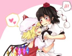  ascot black_hair blonde_hair blush closed_eyes crystal eyes_closed fang flandre_scarlet hat hat_ribbon hug misocha multiple_girls open_mouth pointy_ears red_eyes ribbon shameimaru_aya short_hair short_sleeves sweatdrop tokin_hat touhou wings 