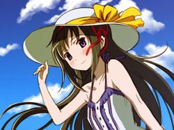  akemi_homura ayukko_(forest_village) bare_shoulders black_hair blush bow camisole cloud dress dutch_angle frills hair_bow hat long_hair mahou_shoujo_madoka_magica purple_eyes sky smile solo sun_hat sundress wind 
