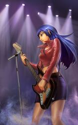  akiyama_mio alternate_hairstyle bass_guitar black_eyes black_hair haoyuan hime_cut instrument jacket jewelry k-on! long_hair microphone open_mouth skirt solo spotlight very_long_hair 