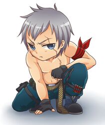  ammunition_belt armband blue_eyes boots bryan_fury chibi faye_(yuiko055) lowres male one_knee scar shirtless short_hair shotgun_shells silver_hair solo tekken thigh_strap 