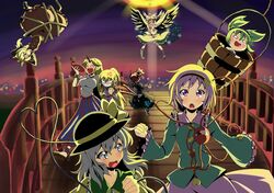  6+girls anger_vein animal_ears arm_cannon ascot bird_wings black_hair black_wings blonde_hair blush bow braid bridge bucket cape cat_ears clenched_hands closed_eyes cuffs eyes_closed green_eyes green_hair hair_bobbles hair_bow hair_ornament hairband hat hat_ribbon heart heart-shaped_pupils horn hoshiguma_yuugi in_bucket in_container kaenbyou_rin kisume komeiji_koishi komeiji_satori kurodani_yamame long_hair long_sleeves mizuhashi_parsee multiple_girls naodx open_mouth pink_eyes pink_hair ponytail puffy_sleeves red_eyes reiuji_utsuho ribbon shackles short_hair short_sleeves silver_hair smile subterranean_animism symbol-shaped_pupils tears third_eye touhou twin_braids twintails upside-down weapon wide_sleeves wings 