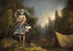  aqua_eyes aqua_hair deer dress forest hatsune_miku highres long_hair nature prog_wang solo tent tree twintails vocaloid 