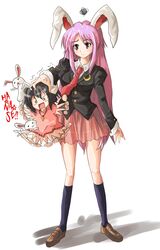  4rabbits animal_ears black_hair bunny bunny_ears carrot dress echizen highres inaba_tewi jewelry long_hair multiple_girls necktie open_mouth purple_hair rabbit rabbit_ears red_eyes reisen_udongein_inaba romaji short_hair simple_background skirt tail touhou translated very_long_hair white_background 