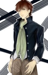  bad_id brown_eyes brown_hair casual coat cross cross_earrings earrings fate/zero fate_(series) jewelry kotomine_kirei male niboboshi scarf solo 