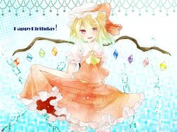 ascot blonde_hair blush bow crystal flandre_scarlet hair_bow happy_birthday hat open_mouth puffy_sleeves red_eyes short_sleeves side_ponytail solo suzune_hapinesu touhou wings 