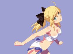  ahoge bandeau bare_shoulders bikini black_ribbon blonde_hair blue_ribbon blush breasts fate/zero fate_(series) green_eyes highres open_mouth ponytail ribbon saber shiny shiny_skin solo swimsuit takahirokun 