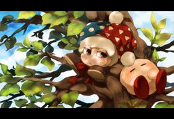  bow closed_eyes cloud clouds dew-spiegel eyes_closed hat kirby kirby_(series) leaf letterboxed marx no_humans sky sleeping tree wood 