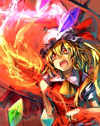  ascot blonde_hair crystal fang flandre_scarlet hat hat_ribbon highres open_mouth orange_eyes puffy_sleeves ribbon short_sleeves side_ponytail slit_pupils solo temmasa22 touhou wings 