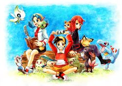 1girl 2boys 81sun aipom bangs baseball_cap black_hair blue_hair book celebi chikorita crystal_(pokemon) cyndaquil eating gold_(pokemon) grass hat jumping larvitar looking_at_viewer multiple_boys natu onigiri open_mouth pichu pokemon pokemon_(game) pokemon_gsc reading red_hair redhead silver_(pokemon) sitting sky smile sneasel teddiursa totodile traditional_media twintails 