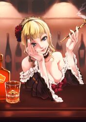  bare_shoulders beatrice blonde_hair blue_eyes breasts choker cleavage drinking_glass finger_nail_polish flower grin hair_flower hair_ornament kiseru large_breasts lips lipstick looking_at_viewer makeup nail_polish pipe racie45bv smile smoking_pipe solo umineko_no_naku_koro_ni 