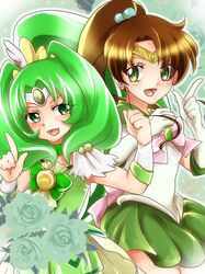  bishoujo_senshi_sailor_moon bow brown_hair choker color_connection cure_march dress ecrown flower green green_background green_dress green_eyes green_hair green_rose kino_makoto long_hair lowres magical_girl midorikawa_nao multiple_girls ponytail precure ribbon rose sailor_jupiter skirt smile smile_precure! tiara tri_tails 
