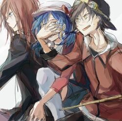  1girl 2boys baseball_cap black_hair blue_hair crystal_(pokemon) glaring goggles goggles_on_head gold_(pokemon) hat holding jacket muku0615 multiple_boys pokemon pokemon_special red_hair redhead ribbon scared silver_(pokemon) sitting sketch sweatdrop thigh-highs thighhighs twintails yellow_eyes 