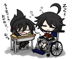  ahoge black_hair closed_eyes desk eyebrows eyes_closed fang open_mouth pixiv_azriel saliva school_uniform sleeping wheelchair yanagi_(nurikoboshi) 