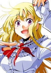  blonde_hair blush checkered emilie_de_rochefort fingerless_gloves gloves kyo9999 long_hair open_mouth purple_eyes simple_background solo tekken violet_eyes white_background 