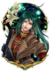  blood blood_on_face cima_garahau flower green_hair gundam gundam_0083 highres long_hair moeshimo_(pixiv) purple_eyes solo uniform violet_eyes 