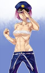  1girl abs banchou binbougami_ga! breasts cap delinquent hat muscle navel pants pink_hair police_hat rindou_ranmaru sarashi short_hair solo sukeban 