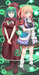  arm_warmers blonde_hair boots bow breasts cleavage cross-laced_footwear dress expressionless front_ponytail green_eyes green_hair hair_bow hair_ornament hair_ribbon highres kagiyama_hina long_hair mary_janes mizuhashi_parsee multiple_girls pesogiso pointy_ears ponytail red_dress ribbon scarf shoes short_sleeves skirt socks touhou v_arms white_legwear 